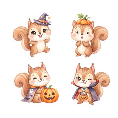 Obraz premium Cute Halloween squirrel character set with four different expressions and costumes, including witch, pumpkin, ghost, vampire, and jack-o'-lantern elements, watercolor cartoon illustration.