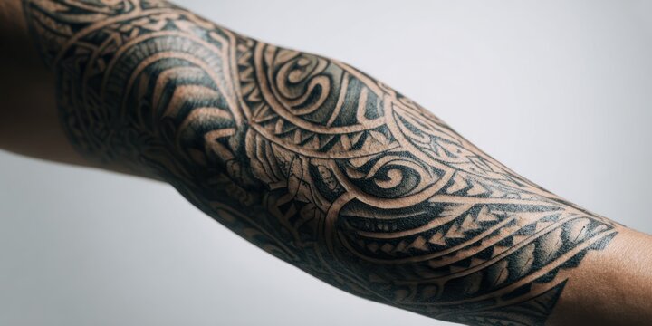 Close up of intricately patterned arm tattoo against a plain neutral background