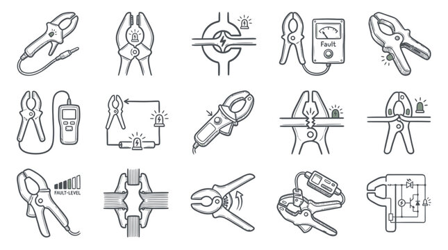 Set of hand-drawn electrical clamp meter and multimeter icons for technical testing and measurement