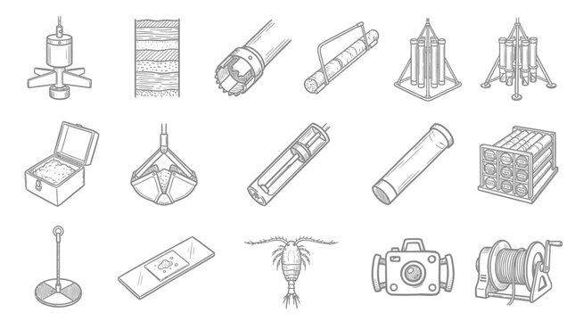 Set of marine biology and oceanography scientific research equipment line art icons