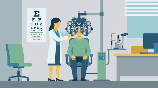 Optometrist examining patient's eyes with a phoropter in a clinic, eye chart on wall, computer and equipment on desk
