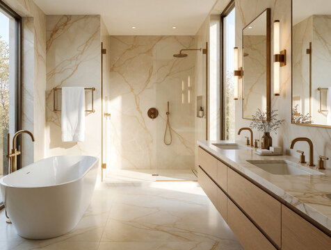 Modern luxury ensuite bathroom with marble walls, floor. White freestanding bathtub sits near large window. Open shower with gold fixtures, wooden vanity with double sinks. Elegant interior design