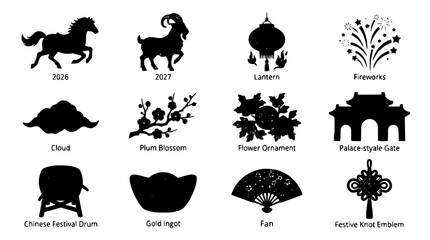 Obraz premium Chinese Zodiac Symbols Set, Lanterns, Fireworks, and Traditional Decorative