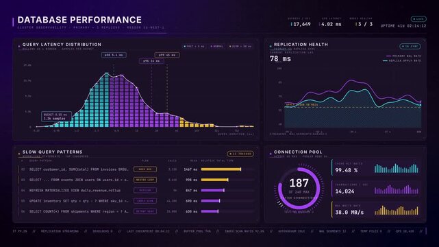 Cloud database performance dashboard displaying real-time server analytics