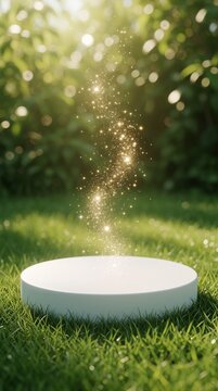 White circular podium stands on green grass in sunny garden. Magical golden sparkles rise from empty stage with bright bokeh background. Fantasy light glow creates dreamy atmosphere for product