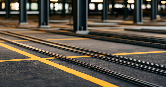 Railway track in depot with yellow line markings and industrial platform floor