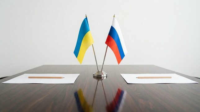 Ukrainian and Russian small desktop flags placed on a polished wooden table with blank white paper sheets and pencils during important high level diplomatic peace negotiations