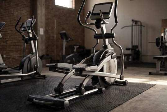 Low angle wide shot of a commercial elliptical trainer machine standing in a fitness gym