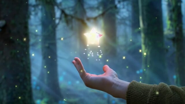 A mystical video scene with a close-up angle of a hand holding a glowing star in a forest. Live desktop wallpaper.