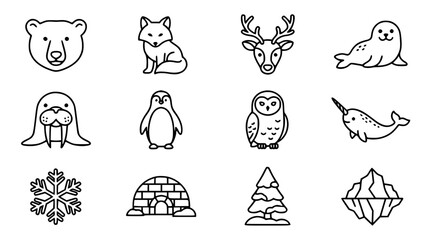 Fototapeta premium Arctic Animal Icons Set with Snowflake, Igloo, and Iceberg Illustrations