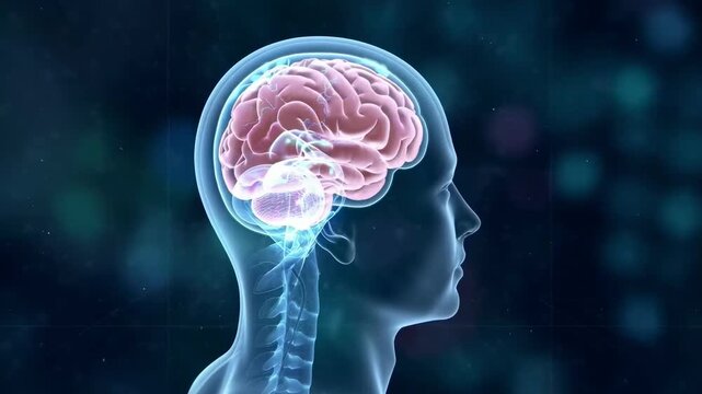 Side view of a human brain in a digital video, showcasing a glowing, anatomical style. Live desktop wallpaper.