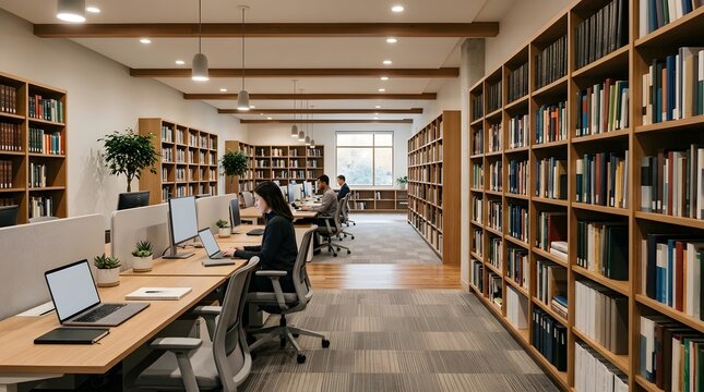 Modern Library Co-working Space with Students Studying
