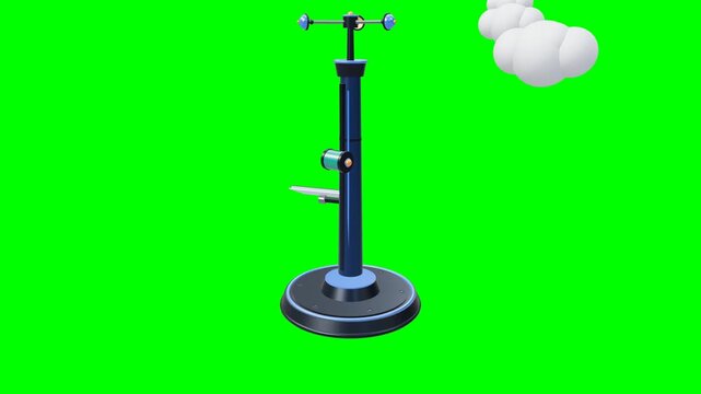 Realistic solid 3D miniature industrial weather station featuring a metal sensor tower with rotating three-cup anemometer, weather sensor housing, solar panel, and mechanical base platform 