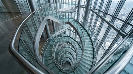 Obraz premium Modern spiral staircase in a highrise glass skyscraper office building