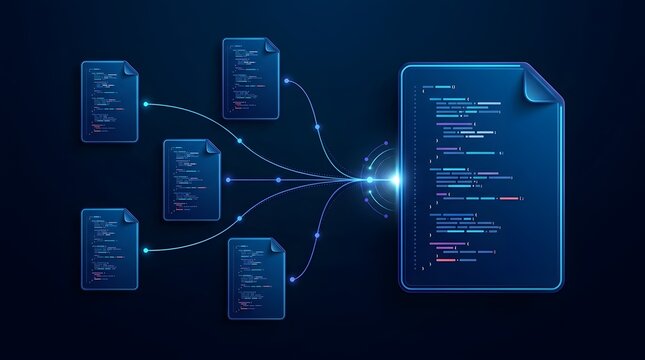 Glowing Digital Document Icons Merging Code Data Symbolizing Software Development and Integration
