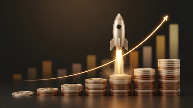 Silver Rocket Launching from Stacks of Coins with Upward Arrow Concept of Financial Growth and Business Startup Success