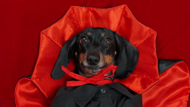 A black and tan dachshund dog lies on a red satin cape wearing a black vampire costume with a red bow tie, a playful Halloween cosplay concept.