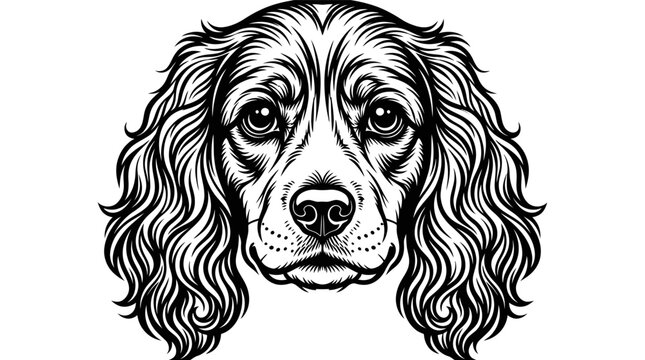 Detailed engraving of an English cocker spaniel face.
