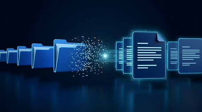 Row of digital folders transforming and dissolving into data particles, symbolizing file compression, data deletion, or digital file transfer concept.