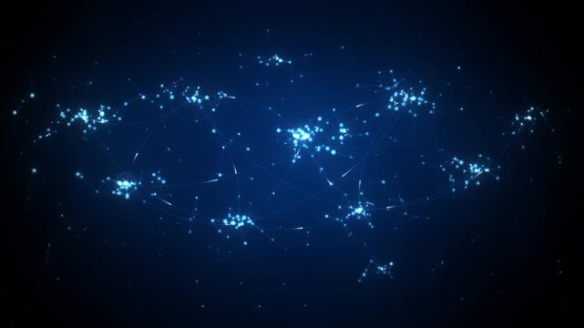 Digital network plexus on dark blue background, glowing node clusters connected by lines with traveling data pulses, seamless loop