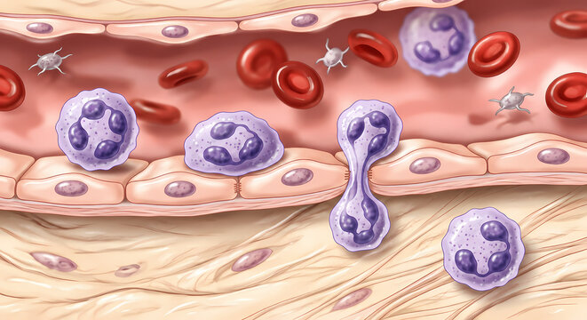 Medical diagram showing neutrophil extravasation and diapedesis through the endothelial wall of a blood vessel