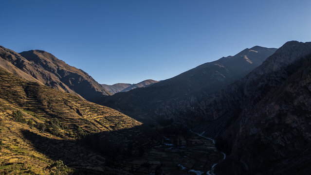 Andean landscape and agricultural terraces in the Nor Yauyos-Cochas Landscape Reserve, Peru