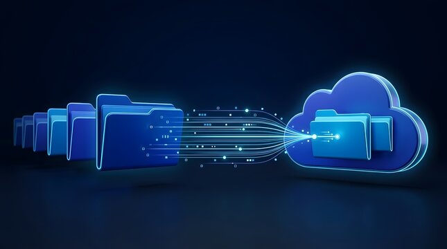 Digital blue folders streaming into a glowing cloud computing icon, symbolizing data transfer, online storage backup, and secure file synchronization.