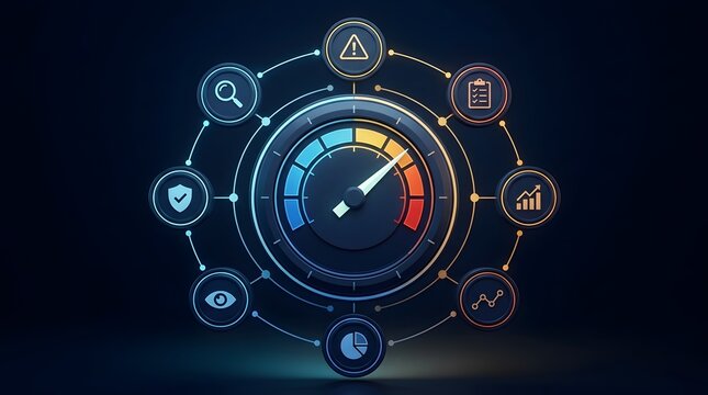 Glowing digital performance gauge connected to various business icons, illustrating data monitoring, high speed internet, and software analytics concept.