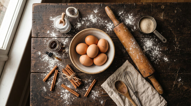 Rustic wooden table with fresh eggs flour and rolling pin perfect for professional baking classes and traditional homemade culinary concepts