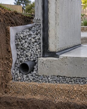 Cross section of residential foundation drainage system with gravel