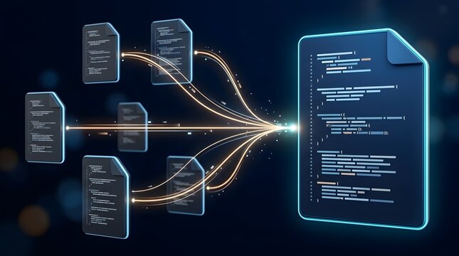 Multiple small digital files glowing and merging into a single large master file icon, symbolizing data integration, document compilation, and software synchronization.