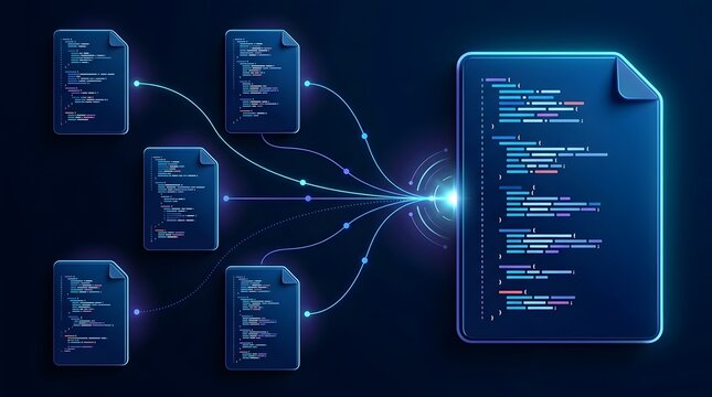 Digital concept of multiple small document icons connecting into one large master document file with glowing lines, representing data compilation, file merging, and information synthesis.