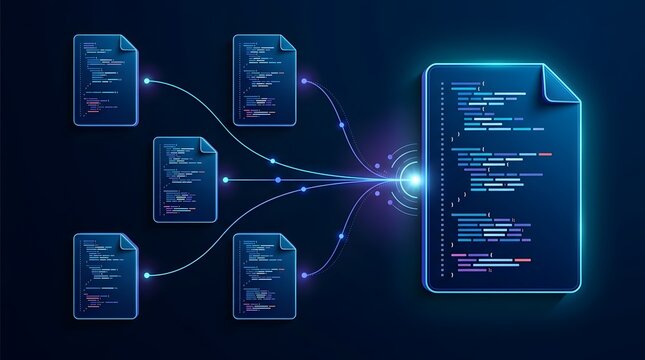 Glowing Source Code Files Connecting to Main Database Document Emphasizing Software Data Aggregation