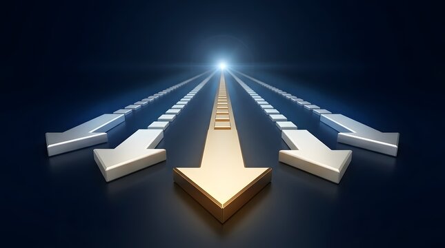 Golden arrow leading silver arrows towards a bright light, symbolizing leadership, forward business direction, competitive advantage, and future success concept.
