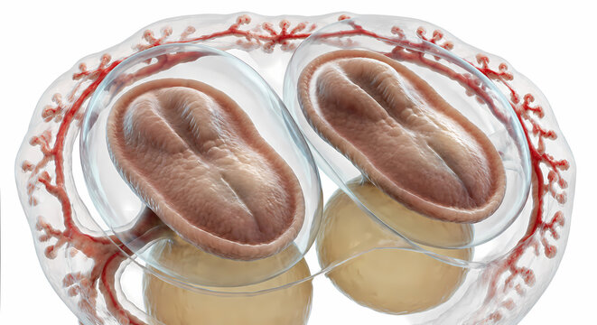 3D medical illustration of twin embryos inside translucent amniotic sacs connected to vascular network