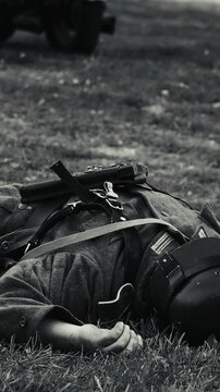 Historical Re-enactment Black And White Video. Re-enactor Dressed As German Wehrmacht