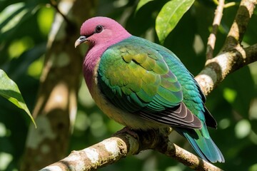 Fototapeta premium Pink headed fruit dove sits on tree branch in tropical jungle. Colorful bird with green wings, pink neck rests in wild nature. Exotic pigeon perched among rich green leaves in rainforest. Beautiful