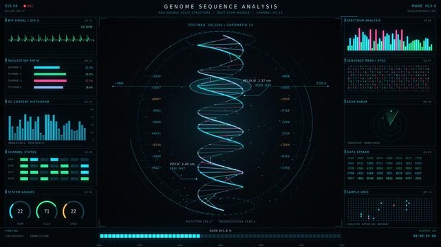 DNA double helix rotating in futuristic HUD interface, genome sequence analysis screen with scanning ring, charts and data panels