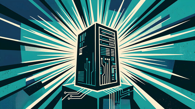 Server Tower Silhouette With Radiating Light Lines Poster Art