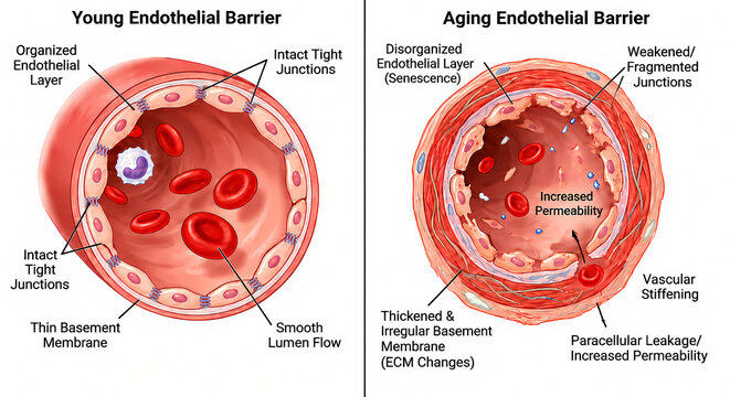 Medical diagram comparing cross section of young healthy endothelial barrier with aging endothelial barrier
