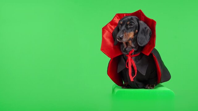 A black and tan dachshund dog wears a red and black vampire cloak with a bow tie, sitting on a green box against a green screen background, a Halloween costume concept with copy space for any scene.