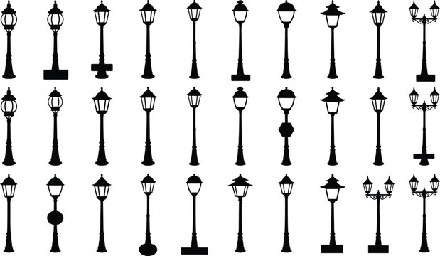 Set of vintage street lamp silhouettes