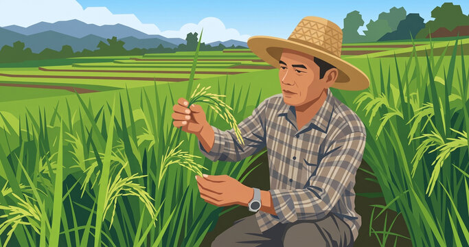 Flat Vector Farmer Inspecting Rice Grain Panicles
