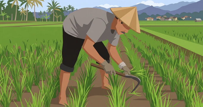 Flat Vector Farmer Weeding Between Rice Plants