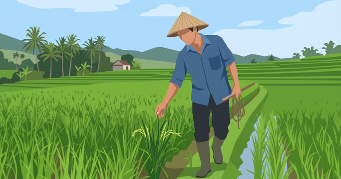 Flat Vector Rice Farmer Inspecting Young Rice Plants