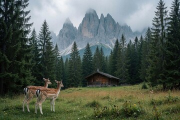 Fototapeta premium Two deer graze in a grassy meadow near a wooden cabin with a forest and jagged mountains behind. Deer stand peacefully in nature, remote wilderness setting.