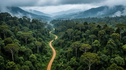 Fototapeta premium Aerial view of a winding dirt road through dense jungle. Misty mountains fade into the horizon under an overcast sky. Lush green forest canopy stretches far.