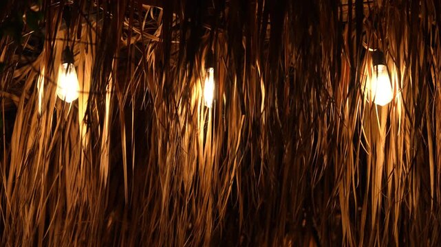 Three warm light bulbs glow softly through hanging dried palm thatch at night, swaying gently and creating a cozy tropical ambiance.