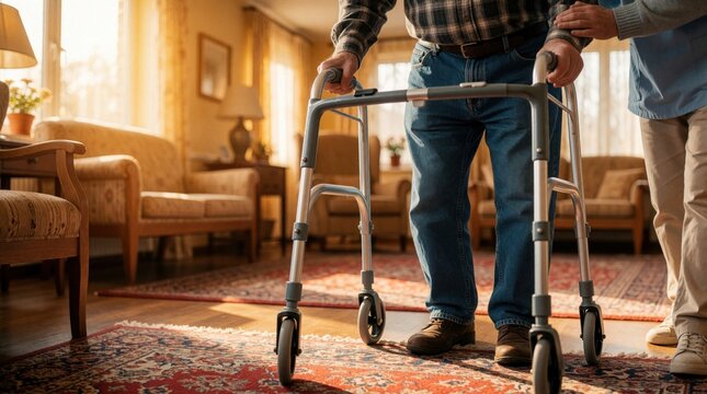 Senior man uses metal walker for mobility support in living room. Pro caregiver helps elderly male patient walk safely in nursing home. Rehabilitation process for aged person with limited movement at
