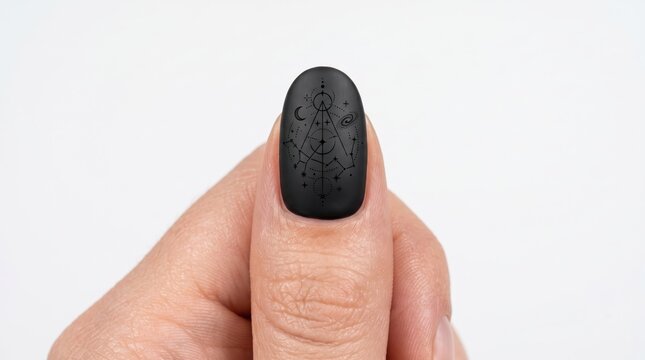 Cosmic Nail Tattoo on Manicured Thumb, Fine Line Geometric Dotwork Nail Art, Minimalist Black Ink Beauty Macro Photography